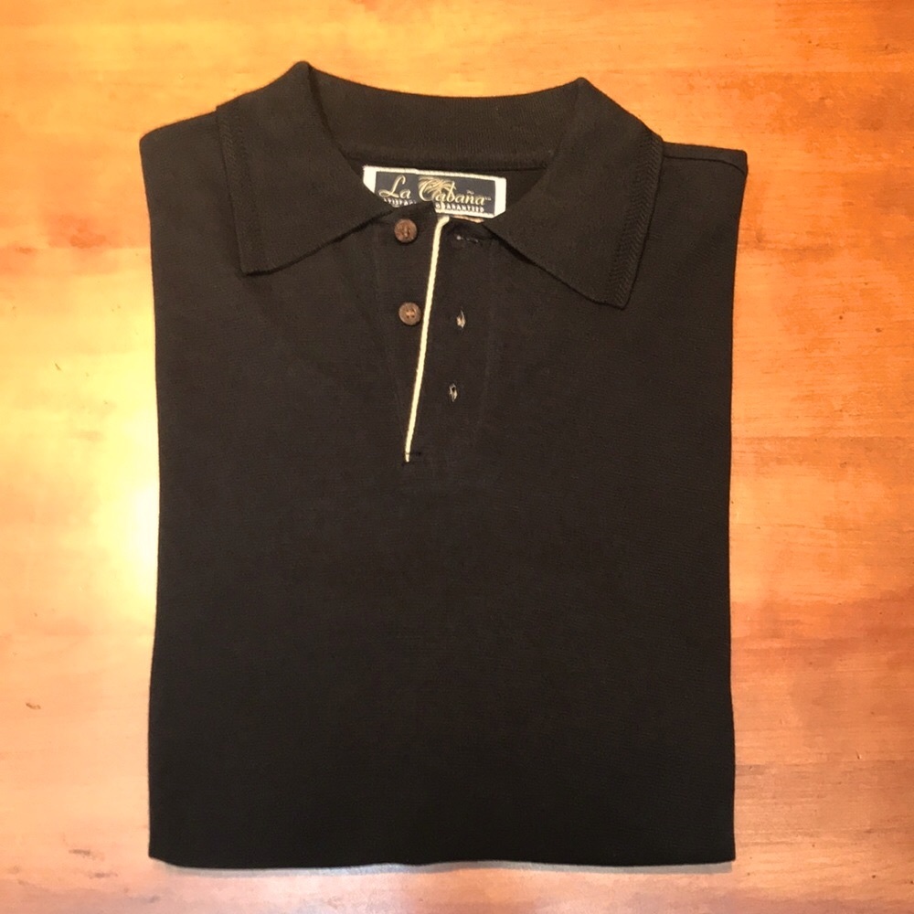 NWOT La Cabaña short sleeve polo shirt, medium, black/gold trim, fancy buttons